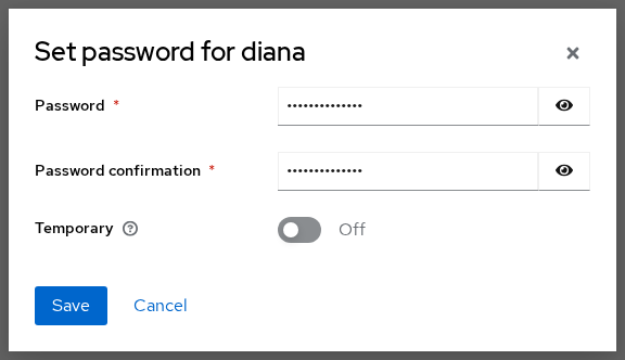 Keycloak Credentials tab with Set password dialog