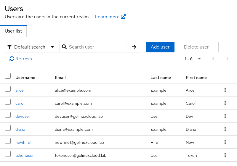 Keycloak Users list in the golinuxcloud realm showing local users