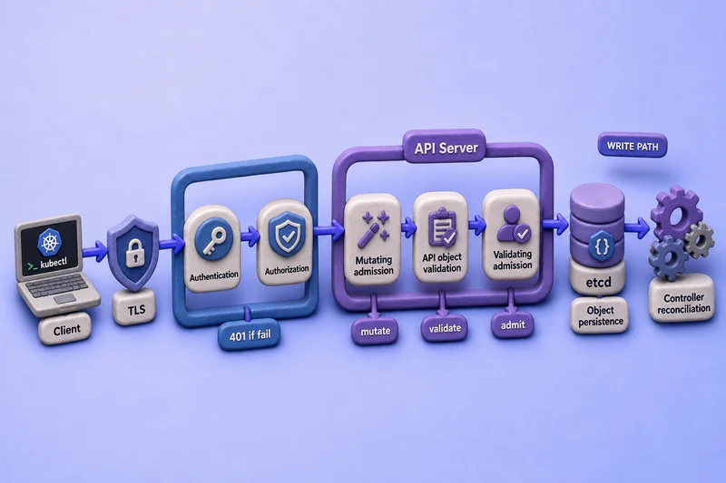 Kubernetes API write path from client through authentication, authorization, mutating and validating admission, etcd persistence, and controller reconciliation