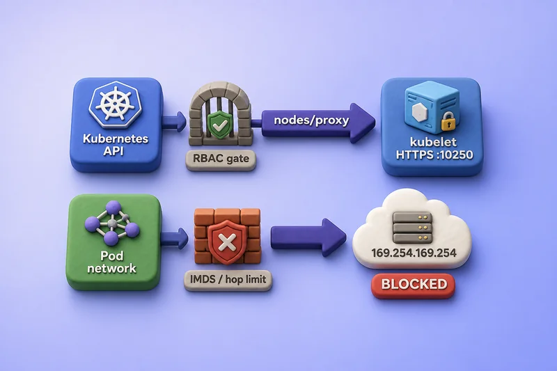 Kubernetes node access paths through API nodes proxy to kubelet and from Pods to cloud metadata