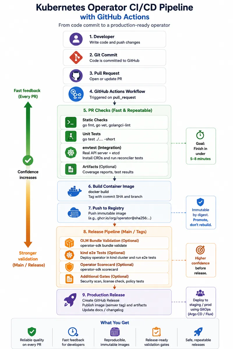 GitHub Actions CI/CD pipeline for Kubernetes Operators showing code commit, pull request checks, Go lint and tests, envtest validation, container image build, optional OLM bundle validation, and release artifact promotion