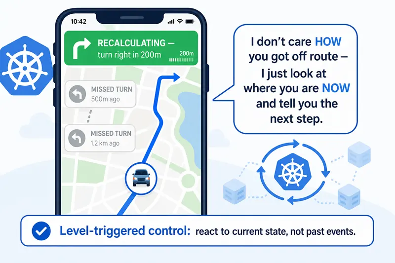GPS recalculating analogy for the Kubernetes reconcile loop: a phone screen shows a green RECALCULATING banner with the next instruction while greyed-out "missed turn" markers are ignored. A speech bubble emphasises that the system only looks at where you are now, not how you got there. Caption: level-triggered control reacts to current state, not past events.