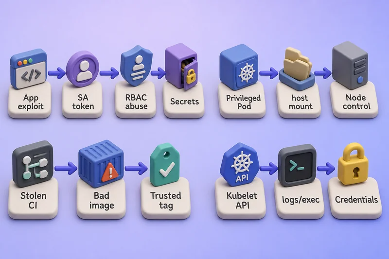 Four common Kubernetes attack paths including compromised application Pod, privileged workload escape, compromised CI pipeline, and exposed kubelet