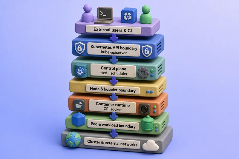 Kubernetes trust boundaries from external users and CI through the API server, control plane, kubelet, container runtime, Pod workload, and cluster or external networks