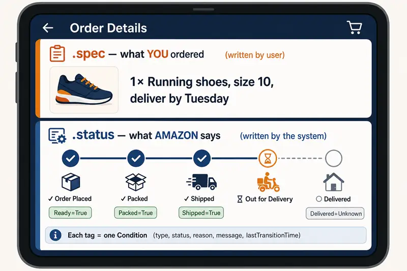 E-commerce order tracker analogy for Kubernetes status subresource and Conditions. A phone shows two panels: .spec — what YOU ordered, written by user (1 × Running shoes, size 10, deliver by Tuesday) and .status — what AMAZON says, written by the system (a progress tracker: Order Placed → Packed → Shipped → Out for Delivery → Delivered, each step tagged with a condition like Ready=True, Packed=True, Shipped=True, Delivered=Unknown). Caption: each tag = one Condition (type, status, reason, message, lastTransitionTime).