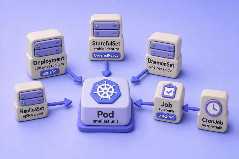 Kubernetes workload controllers arranged around a central Pod, with apps/v1 and batch/v1 controllers pointing inward