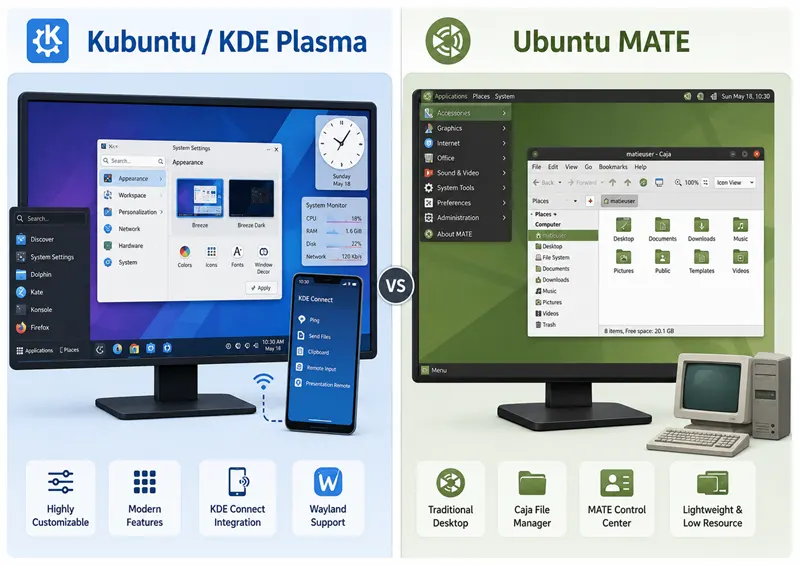 Kubuntu KDE Plasma vs Ubuntu MATE desktop workflow comparison