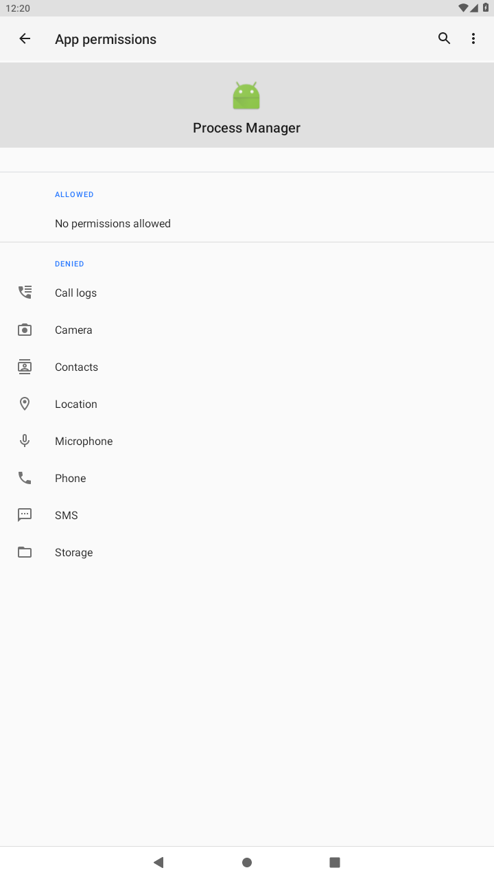 Android permissions screen for Process Manager with Call logs Camera Contacts Location Microphone Phone SMS and Storage denied