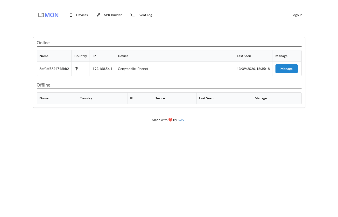 L3MON Devices page confirming the Genymotion test client is online after the patched APK connects to the Kali panel