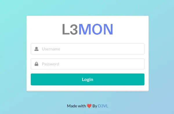 L3MON panel login on localhost port 22533 after node index.js starts on Kali