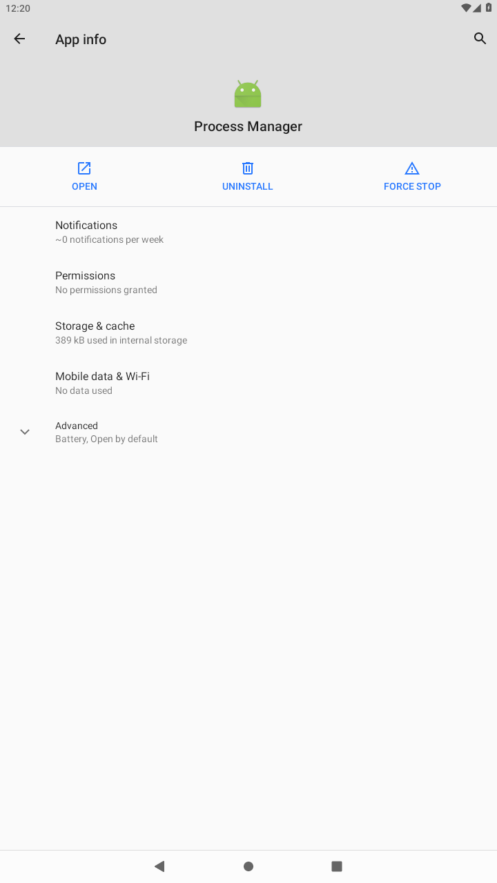 Android App info for the installed L3MON stub showing the Process Manager label before any dangerous grants