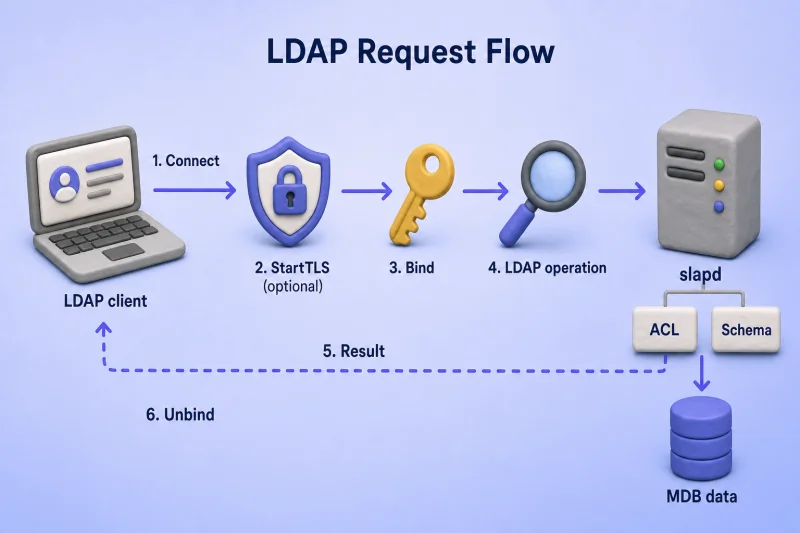 LDAP client and server request flow: connect, optional StartTLS, bind, operation, ACL and schema checks against MDB, then result and unbind