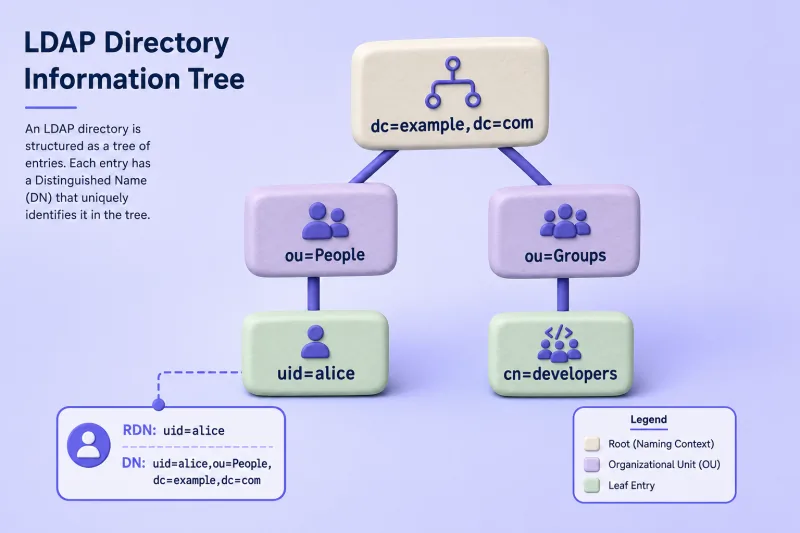 LDAP DIT example showing base DN, organizational units, user DN and RDN
