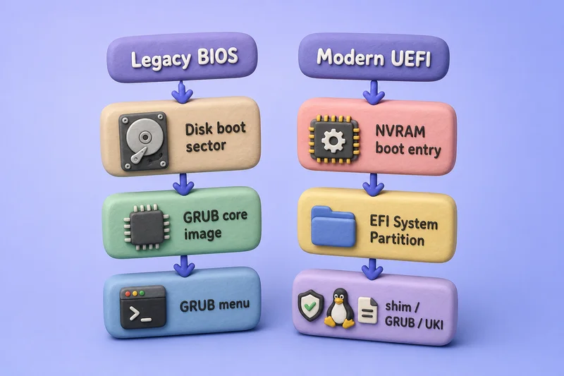 Legacy BIOS boot path versus modern UEFI boot path through NVRAM and the EFI System Partition
