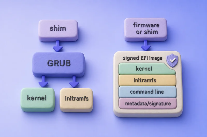 Traditional separate kernel and initramfs boot versus Unified Kernel Image with one signed EFI payload