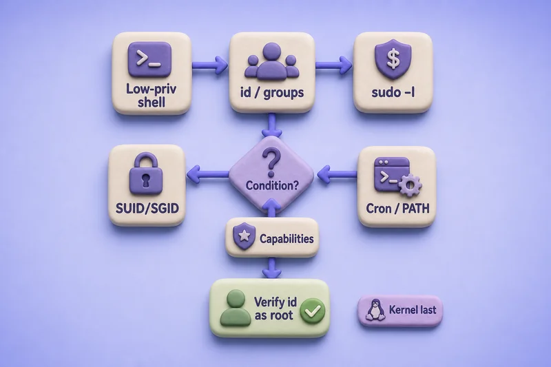 Privilege escalation decision flow from low-priv shell through sudo, SUID, capabilities, and cron to root