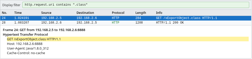 Wireshark showing the application host downloading xExportObject.class from port 8888