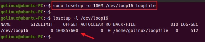 create a loop device with offset value in linux