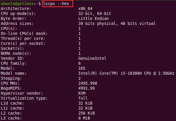 lscpu command to use hexadecimal masks