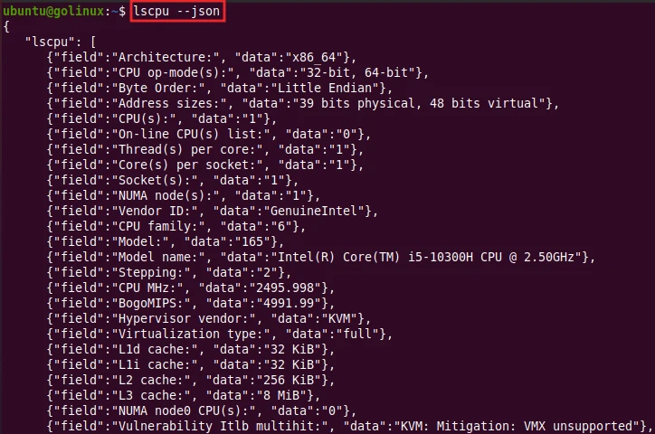 lscpu command to display cpu information in json format