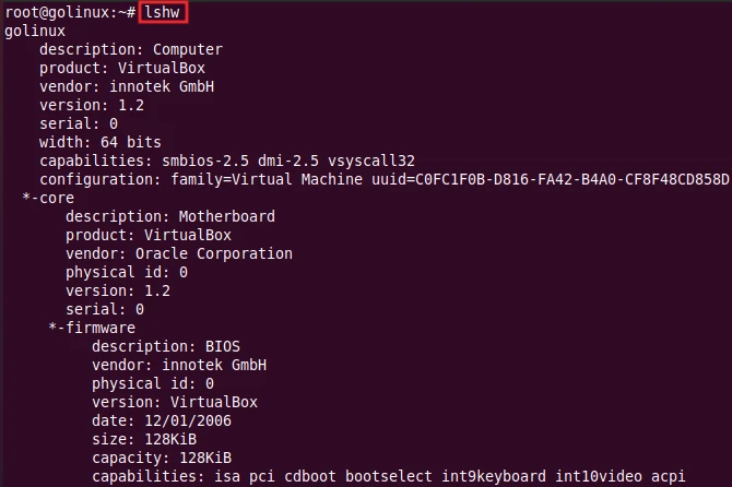lshw command to display full hardware information