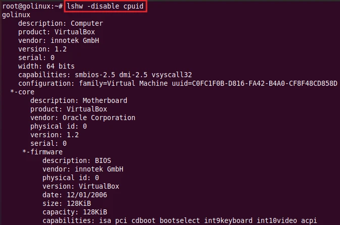 lshw command to disable a test