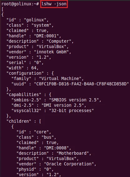 lshw command to display information in json format