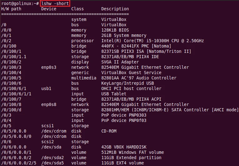 lshw command to display hardware paths