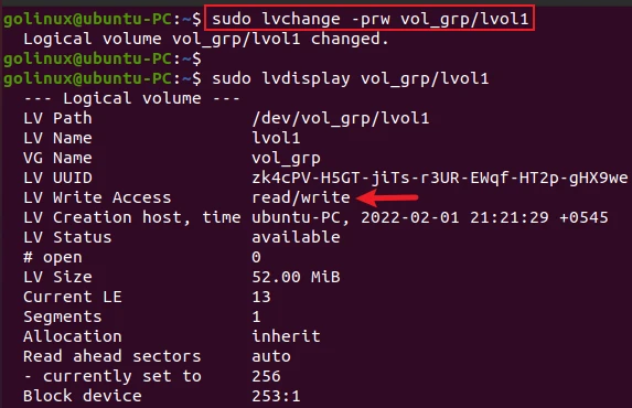 lvchange command to change permission to read write on the logical volume