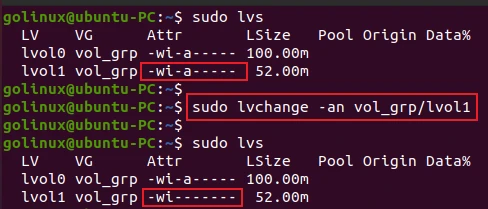 lvchange command to deactivate the logical volume