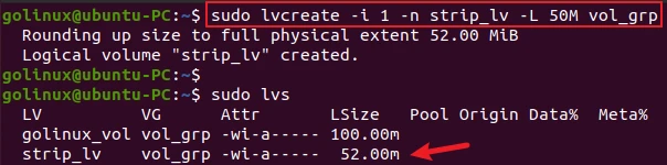 lvcreate command to create striped logical volume