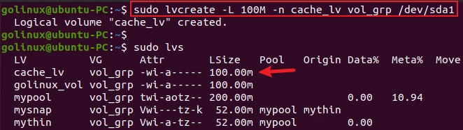 lvcreate command to create cache logical volume