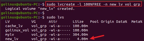 lvcreate command to create logical volume of the remaining space in the volume group