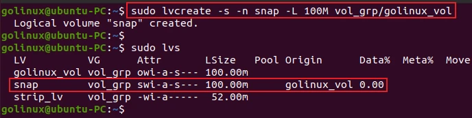 lvcreate command to create snapshot logical volume