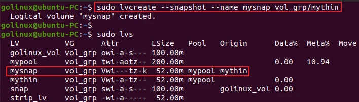lvcreate command to create snapshot of thin logical volume