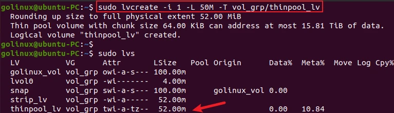 lvcreate command to create thin pool logical volume
