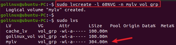 use percentage to specify the size of the logical volume