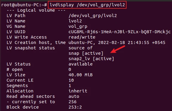lvdisplay command to display information of logical volume