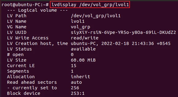 lvdisplay command to display logical volume information