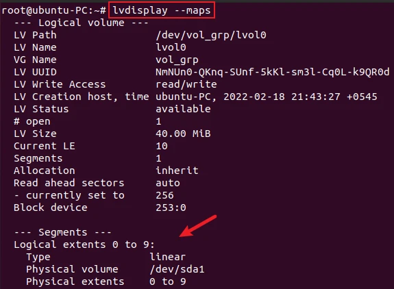 lvdisplay command to display mapping of logical extents to physical volumes and physical extents
