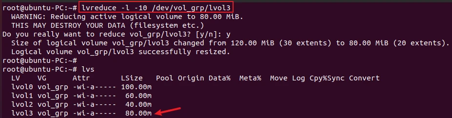 lvreduce command to reduce the size of logical volume by logical extents
