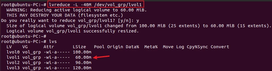 lvreduce command to reduce the size of logical volume