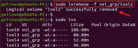 lvremove command to remove logical volume without confirmation