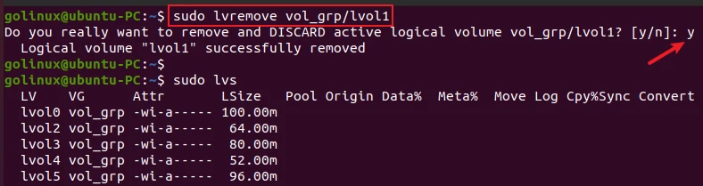 lvremove command to remove logical volume