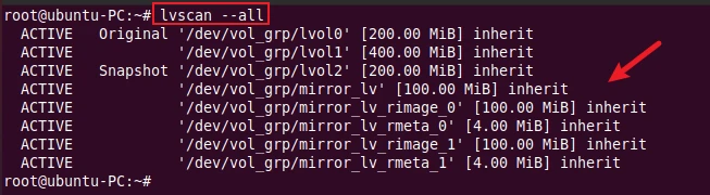 lvscan command to display internal logical volumes