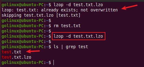 lzop command to decompress a file