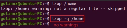 lzop command to suppress all warnings