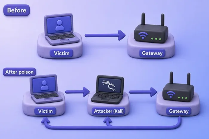 ARP MITM topology before and after poisoning